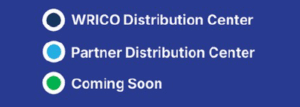 dark blue distribution centers, light blue partner centers, green coming soon.